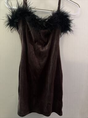 Crush Velvet Brown Feathered Mini Dress Sz. S Pretty Garbage NWT